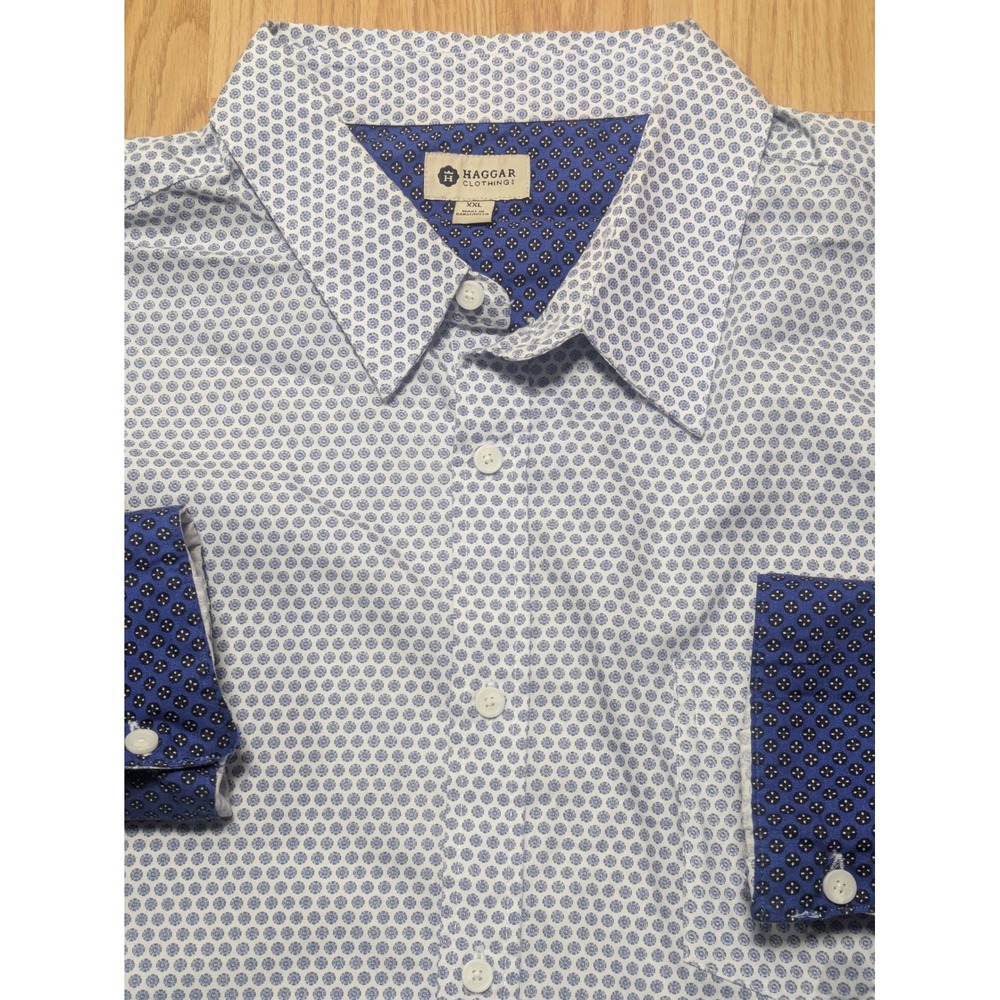 Haggar Mens Long Sleeve Geometric Print Button Down Shirt White Blue XXL